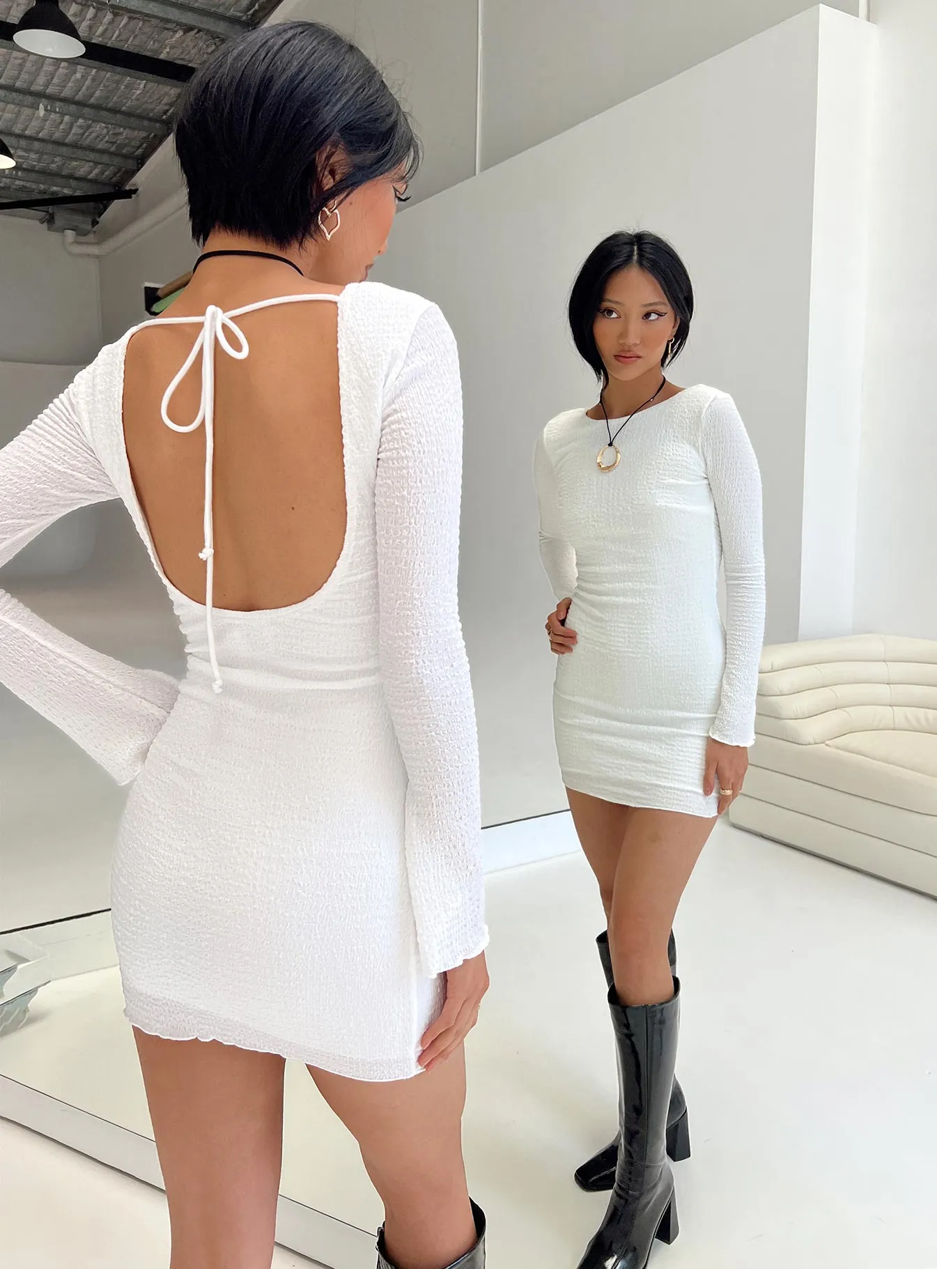 Batesom Long Sleeve Mini Dress White sophisticated appearance