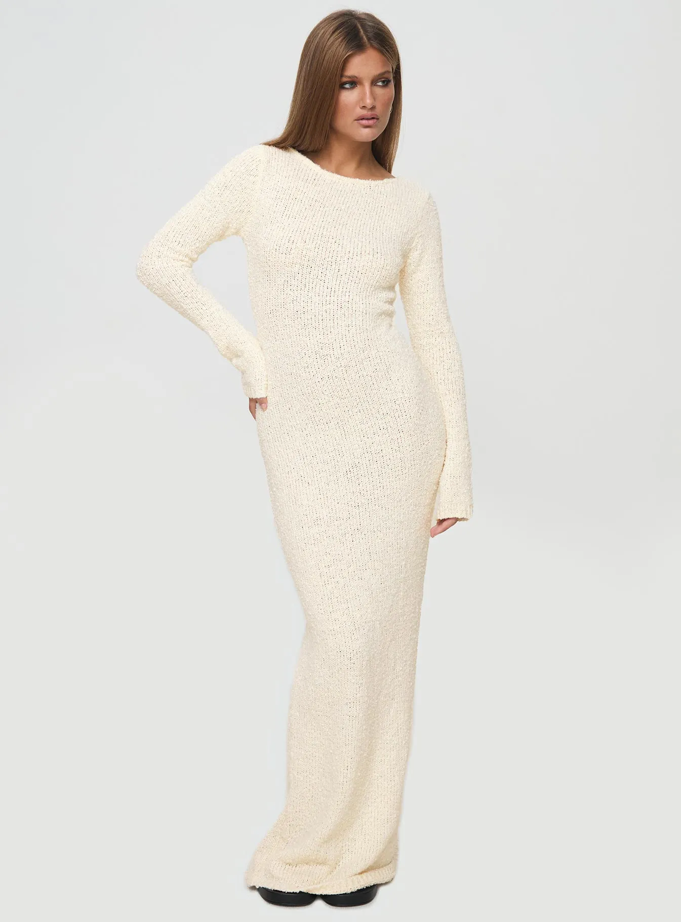 Cosy Up Long Sleeve Boucle Maxi Dress Cream Modern Form Minimalist Style