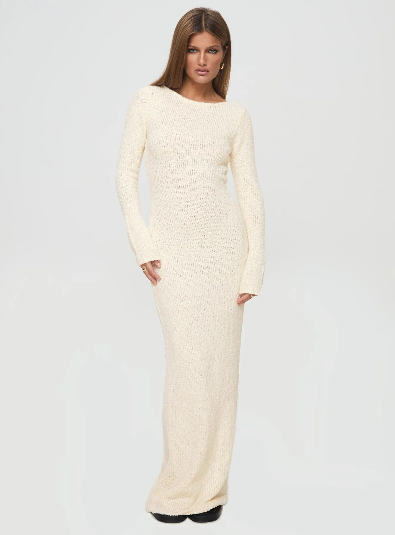 Cosy Up Long Sleeve Boucle Maxi Dress Cream Dark Tones