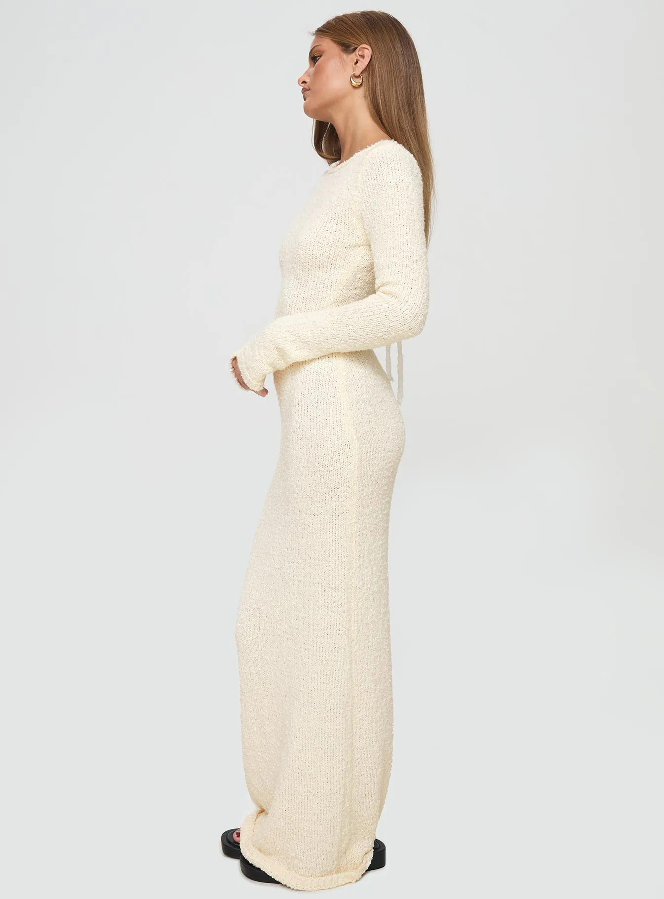 Fresh Stitch Front-Pocket Cosy Up Long Sleeve Boucle Maxi Dress Cream