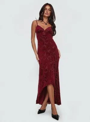 One-Shoulder Rumours Slippy Burnout Maxi Dress Burgundy