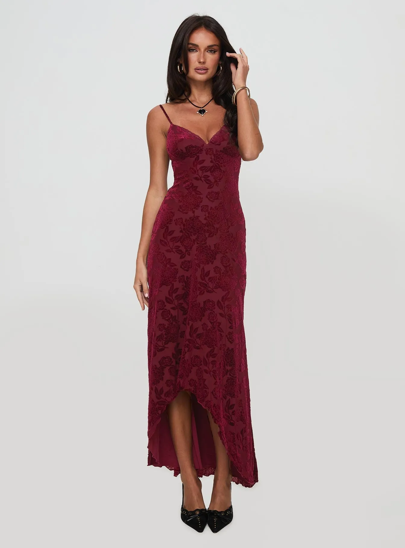 Rumours Slippy Burnout Maxi Dress Burgundy Gentle Aesthetic