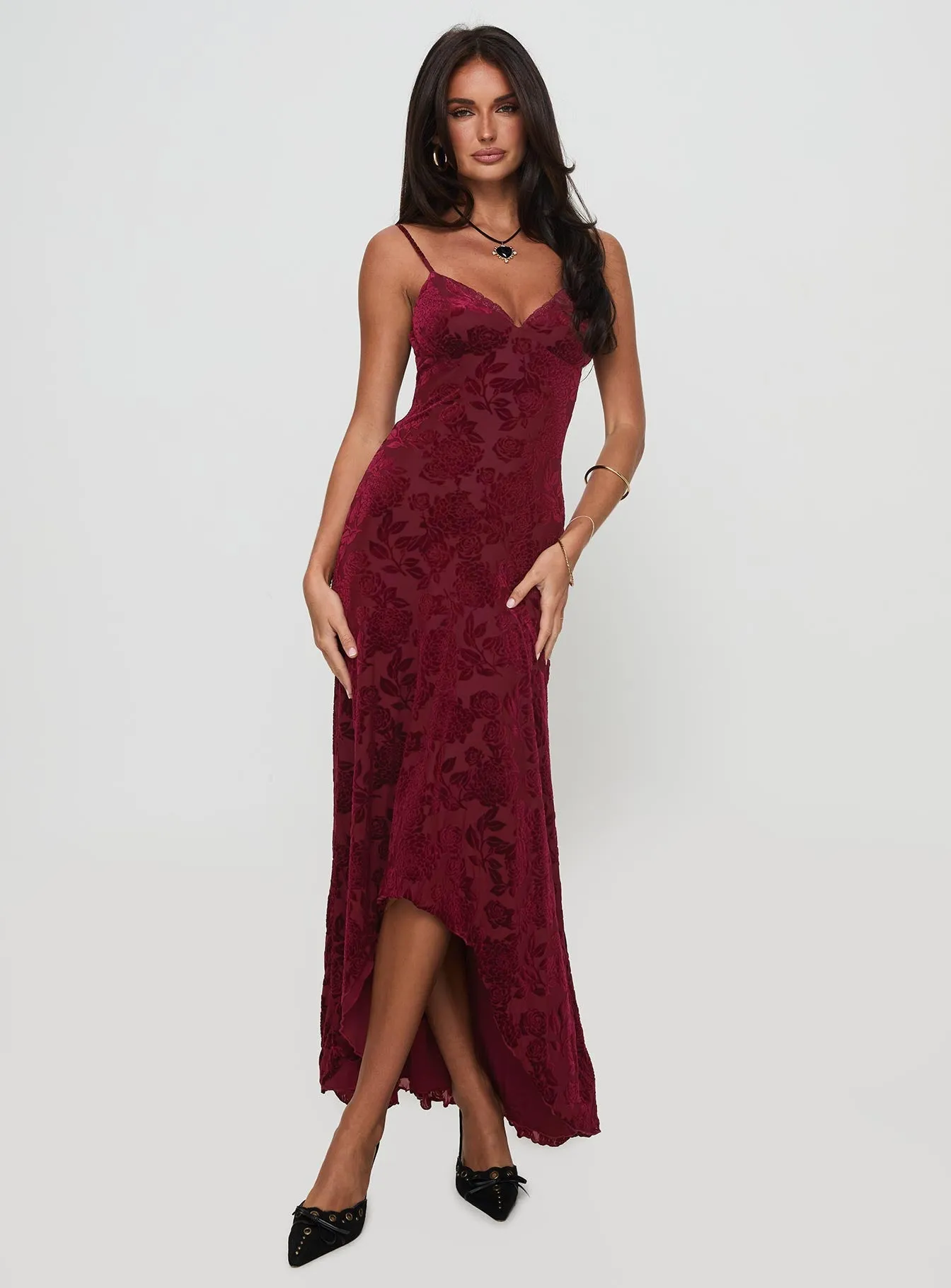 Rumours Slippy Burnout Maxi Dress Burgundy Stylish Feel Bold-Color