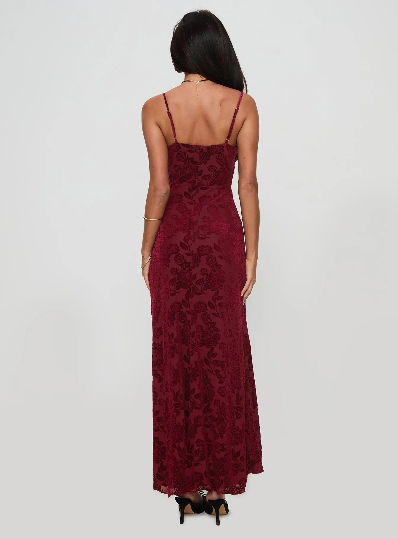 Modern Layers Pleated-Texture Rumours Slippy Burnout Maxi Dress Burgundy