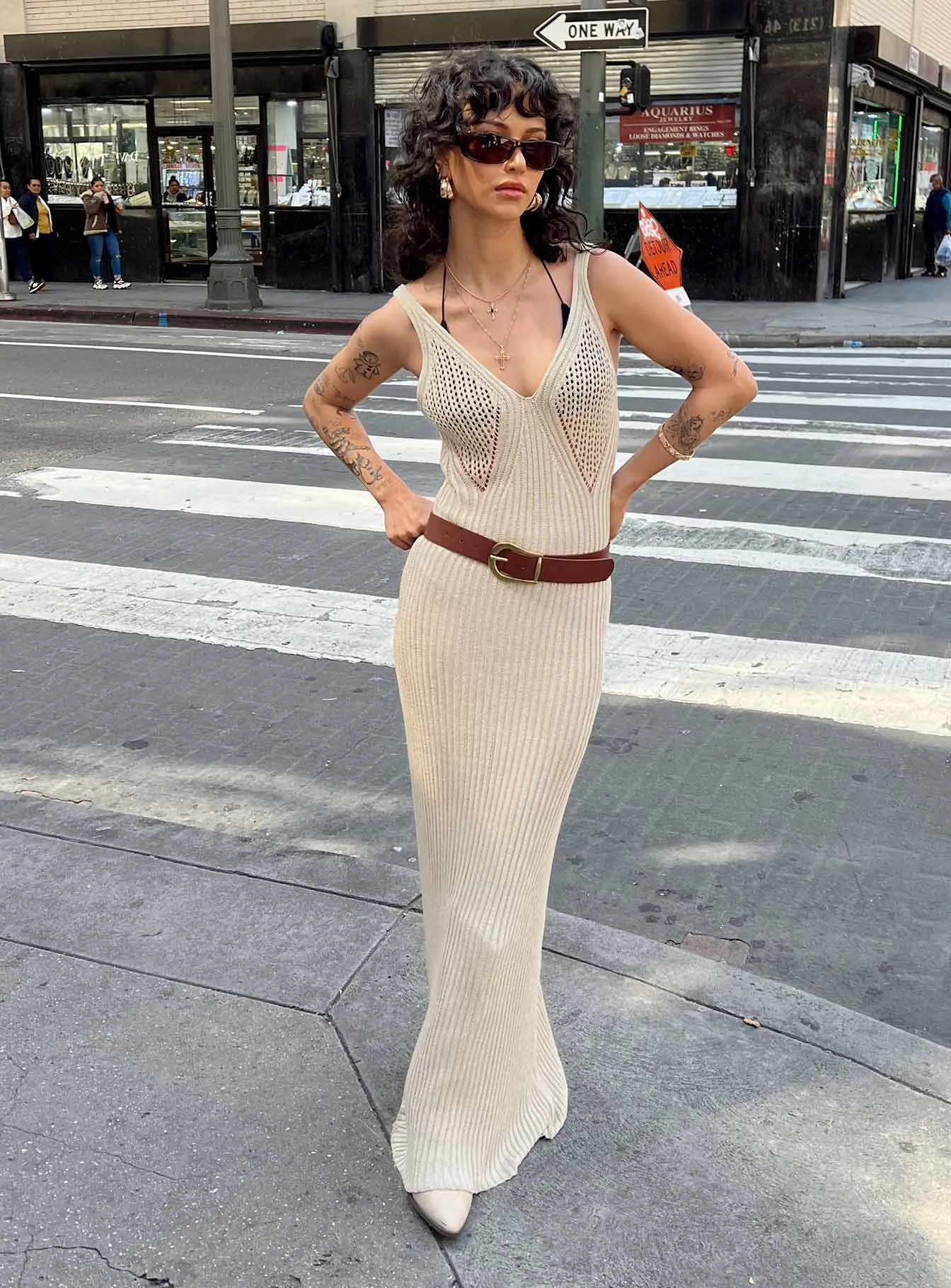 Tulle-Overlay Carrera Maxi Dress Beige