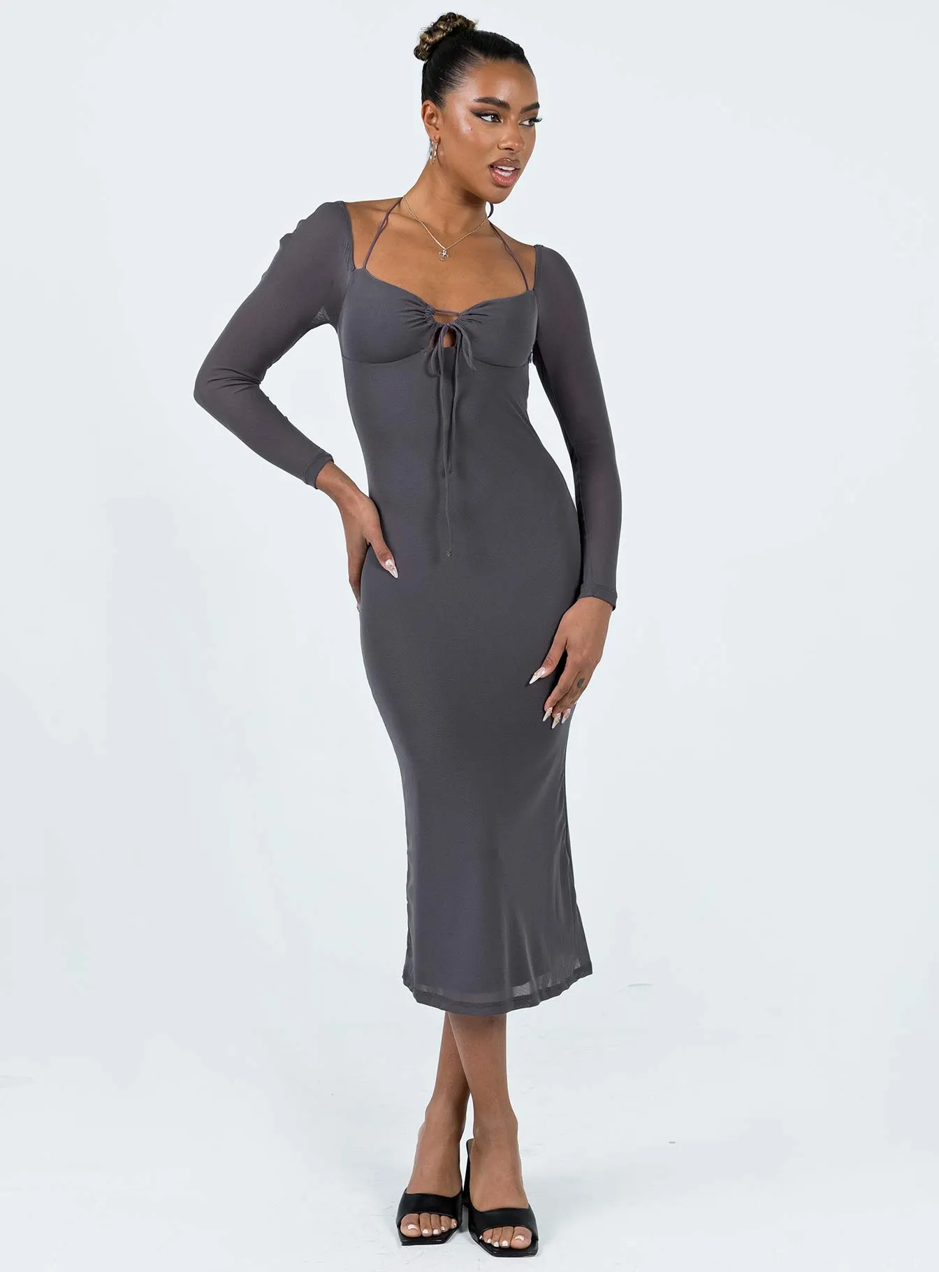 Shine Finish Fowlers Long Sleeve Midi Dress Slate