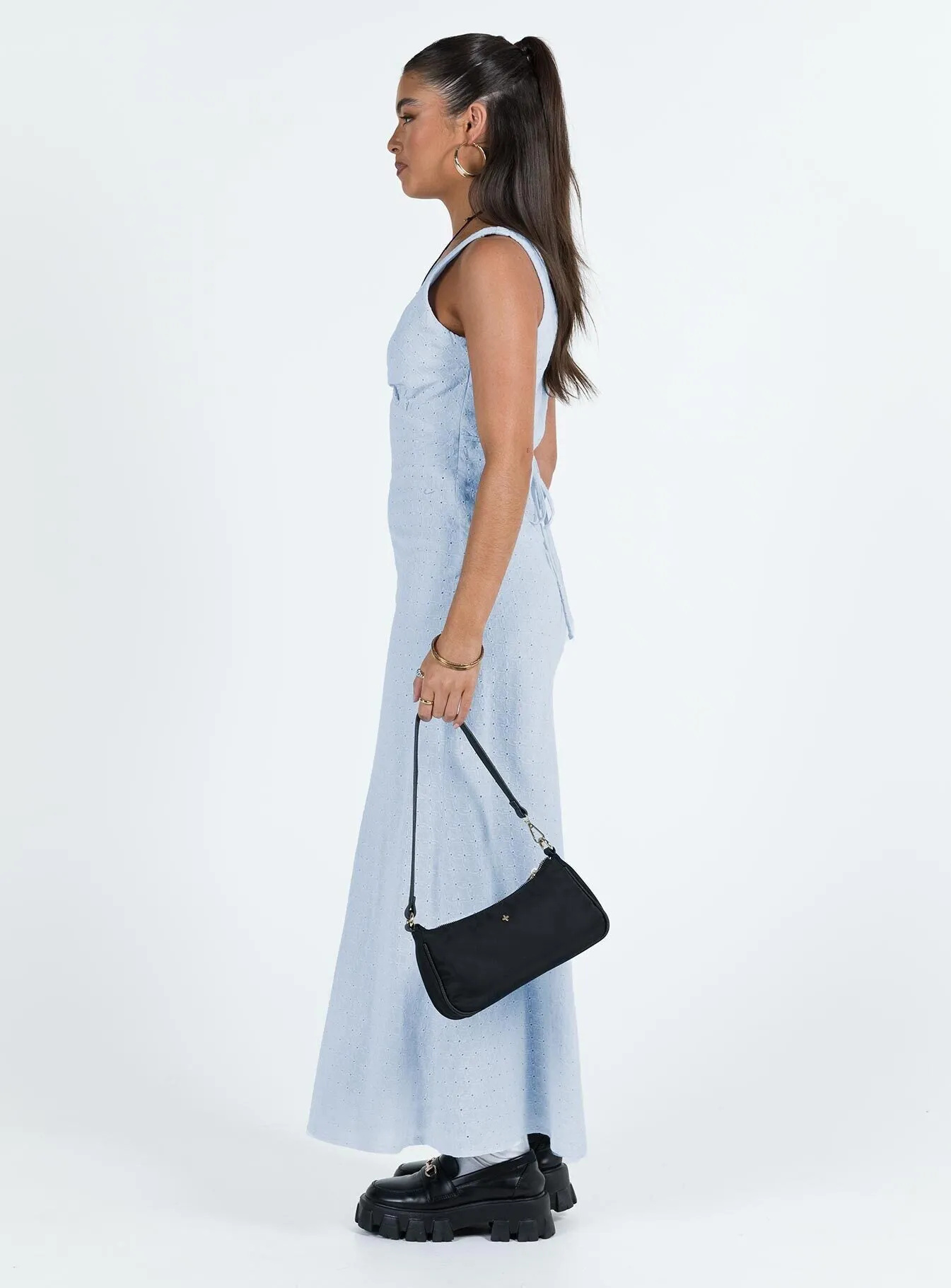 Nellie Anglaise Maxi Dress Blue Balloon-Sleeve Formal Style