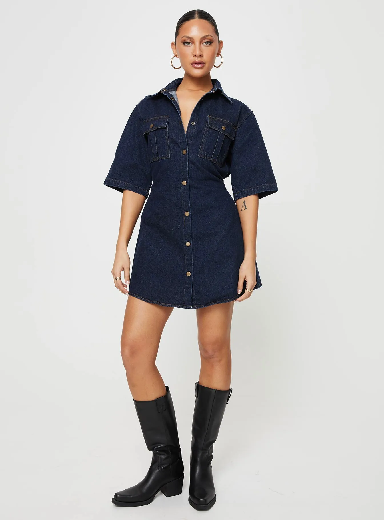 Davro Mini Dress Dark Wash Denim Bow-Detail