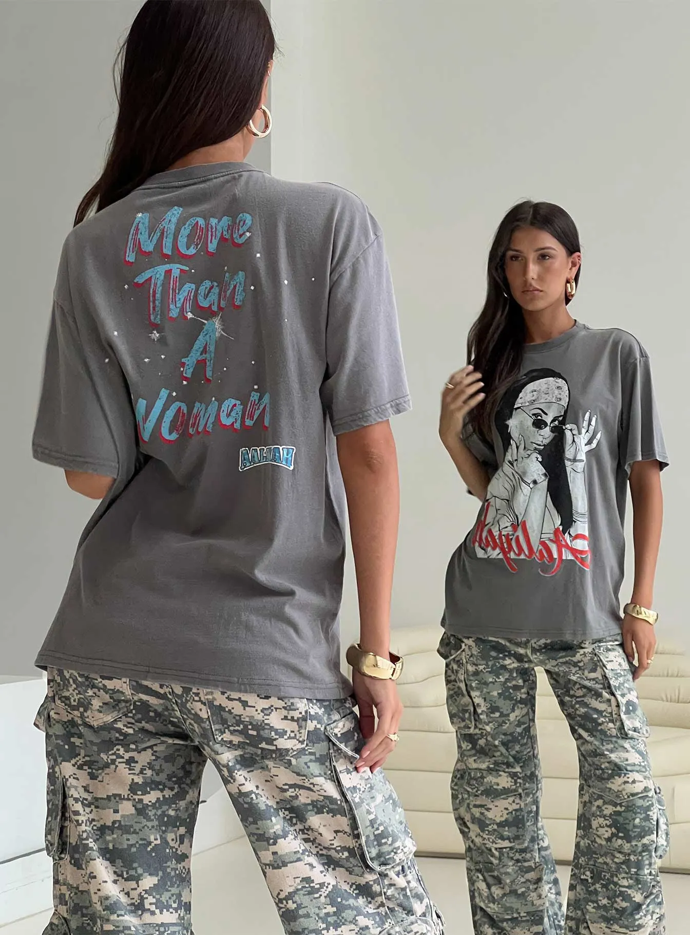 More Than A Woman Oversized Graphic Top Grey Fun and Playful