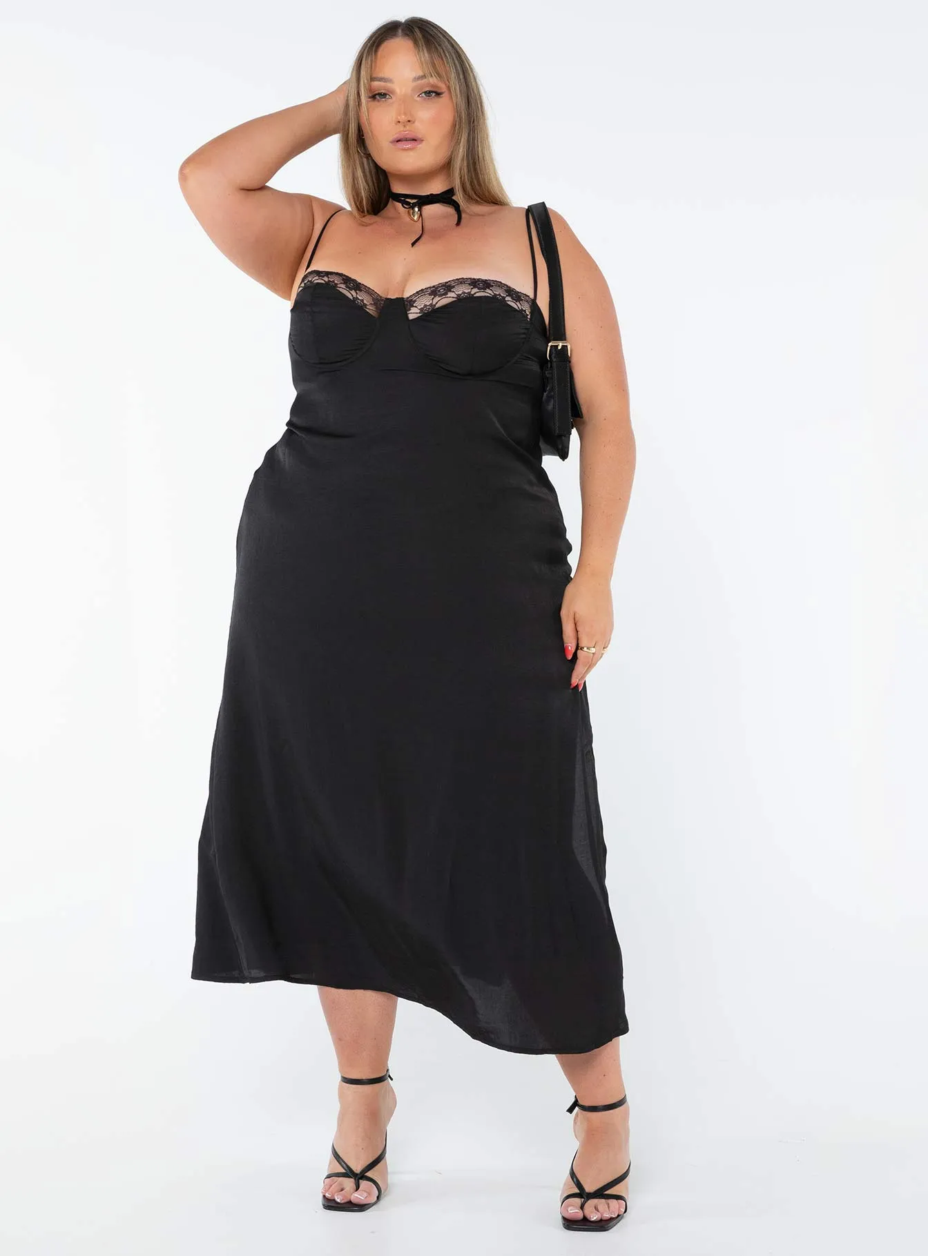 Hazel Midi Dress Black Curve Asymmetrical hem