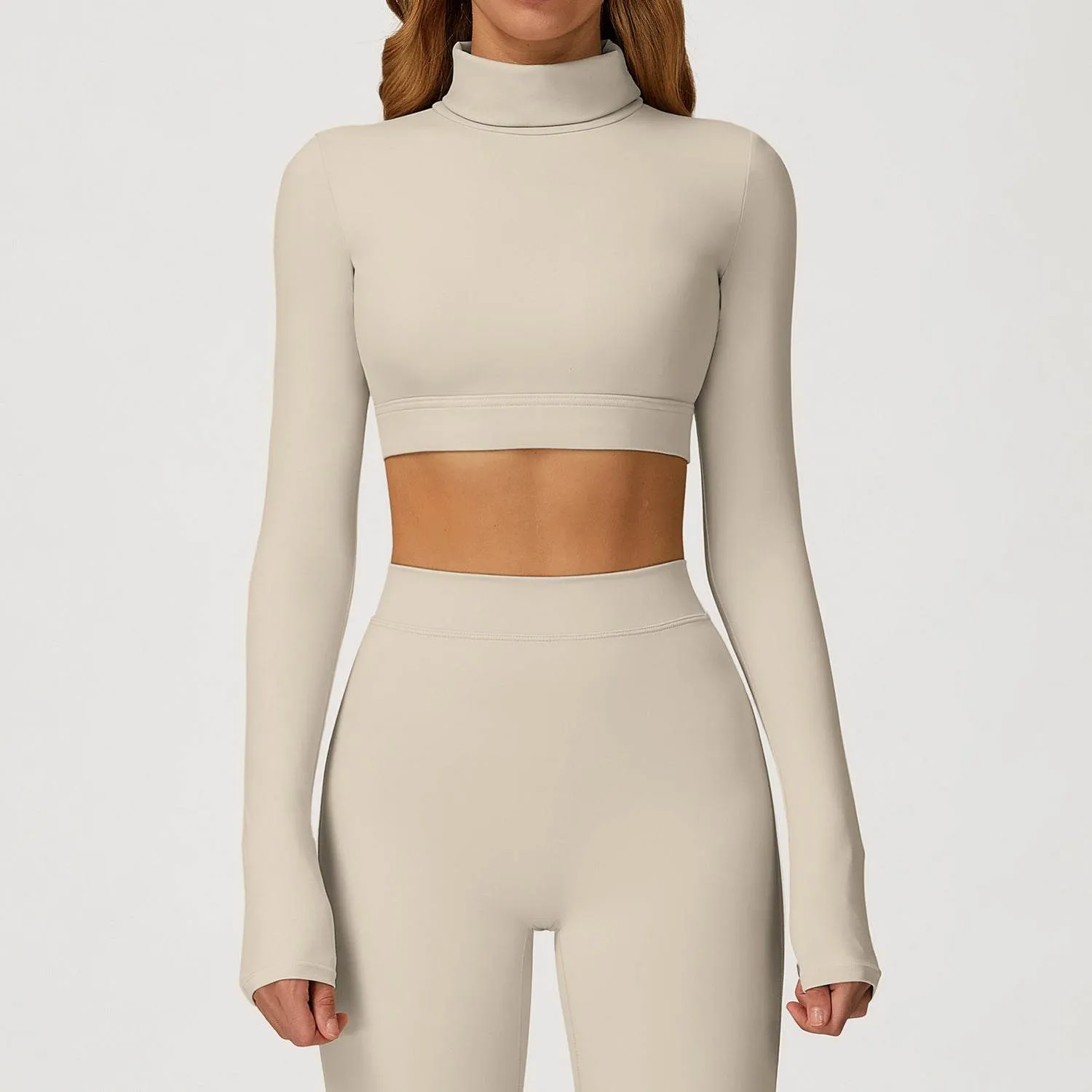 Streetwear Style CompressionFreeCuffs Backless Turtleneck Crop Top Long Sleeve Yoga T-Shirt