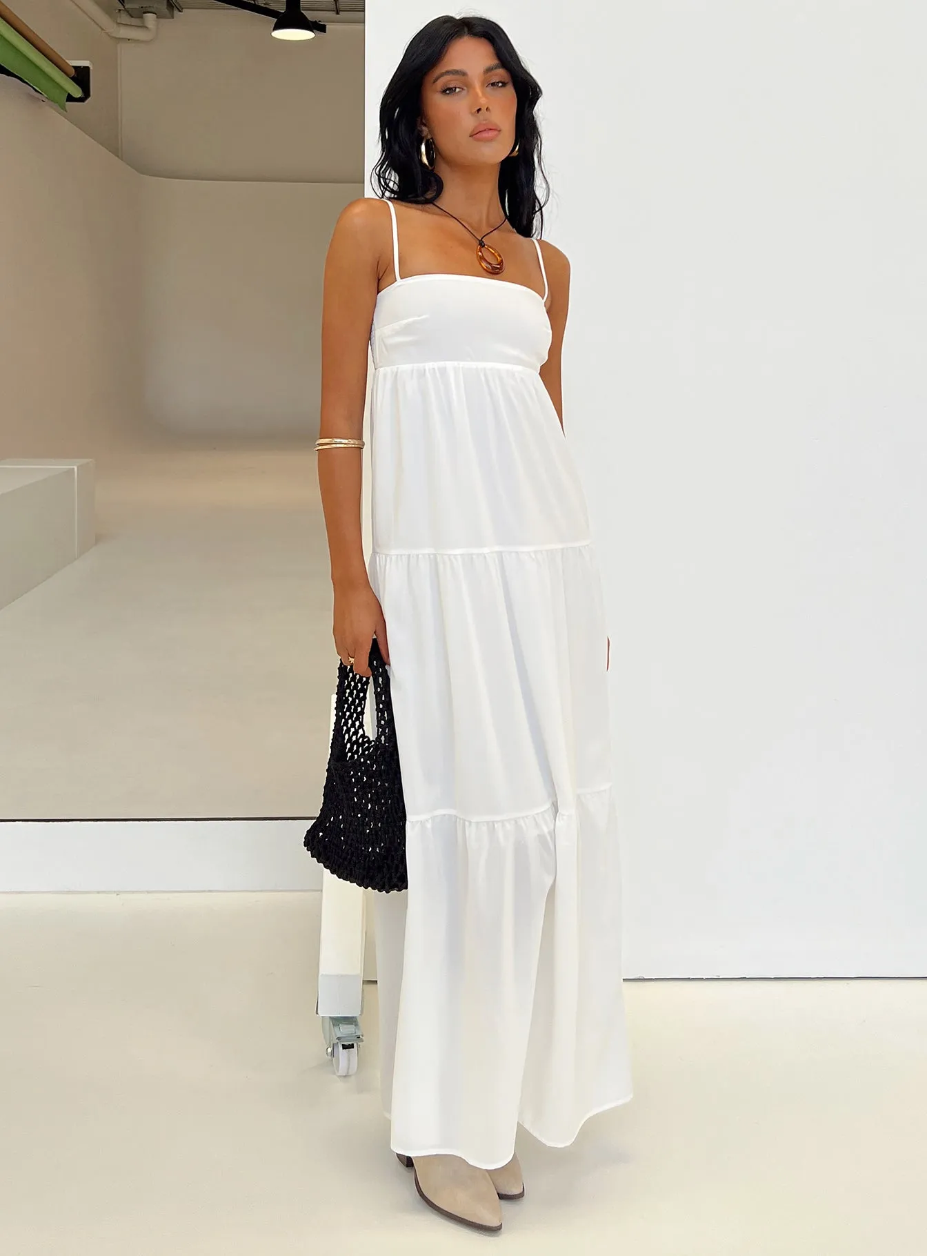 Smooth silhouette Satin-Sleeve Warrego Maxi Dress White