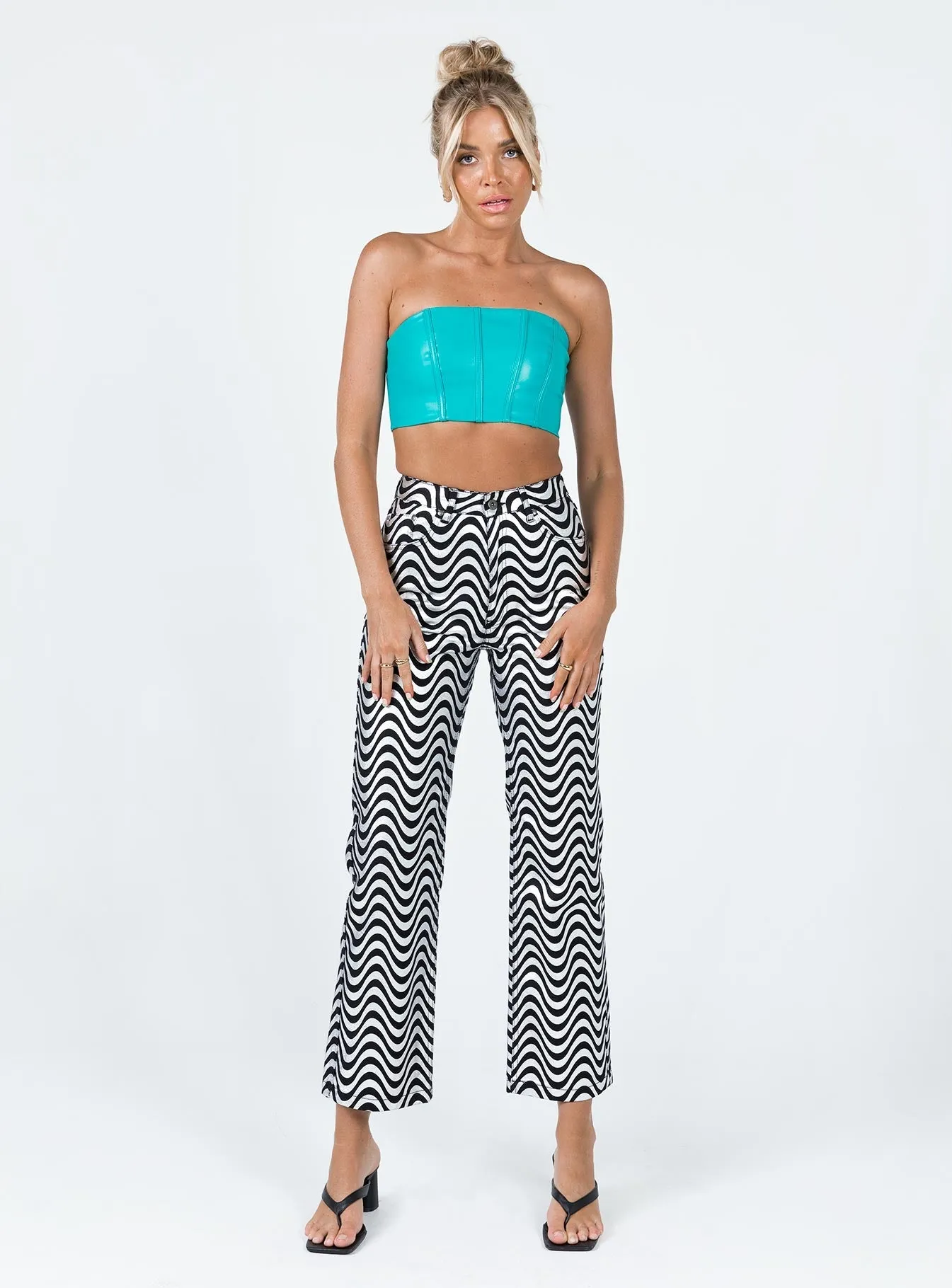 Dance Light breathable materials The Ragged Priest High Rise Straight Leg Wave Jeans Glitter Denim Silver / Black