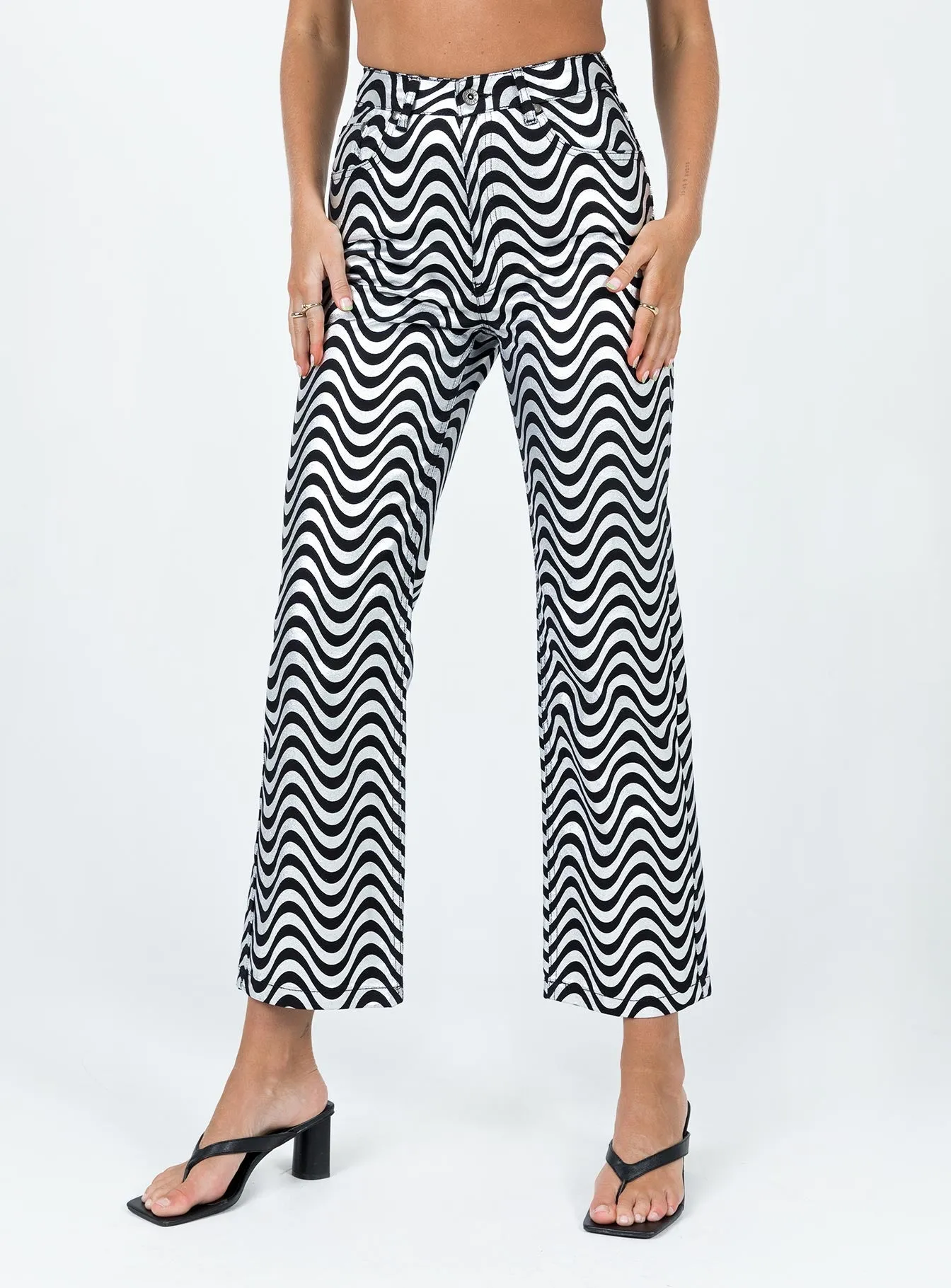 The Ragged Priest High Rise Straight Leg Wave Jeans Glitter Denim Silver / Black Thin Core Sporty Gear