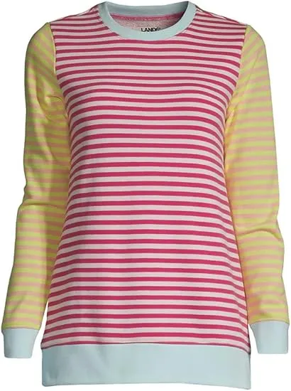 Lands' End Women's Long Sleeve Sweatshirt Tunic Hot Pink Stripe Regular Cozy Vibe Abstract print