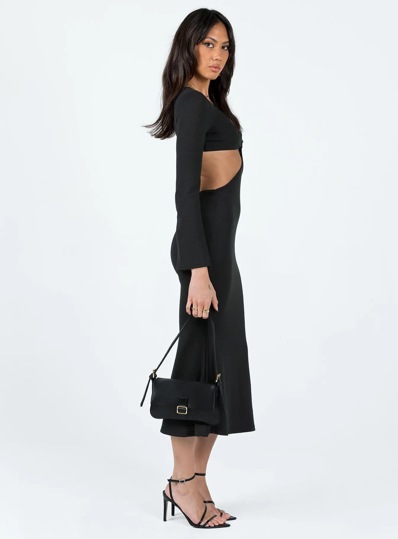 Jocelyn Cut Out Long Sleeve Midi Dress Black Feminine Comfort Smart Waistband Fit