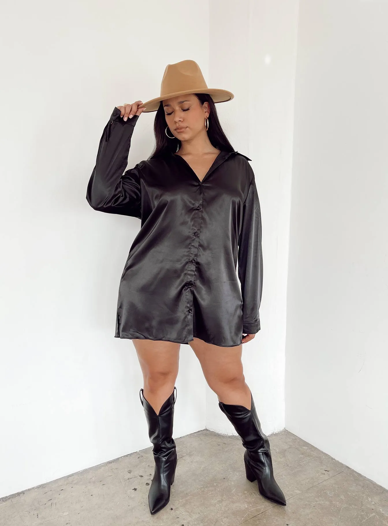 Cool Layers 90210 Satin Shirt Mini Dress Black Curve
