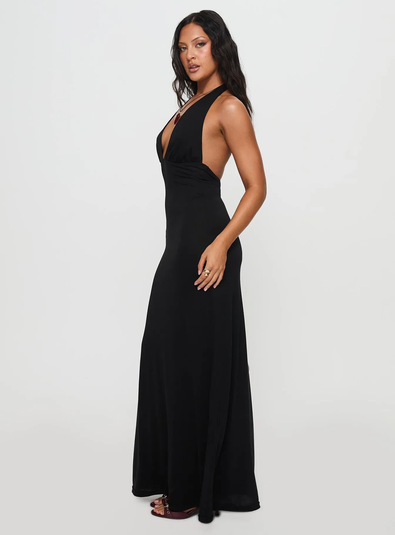 Drawstring-Waist Cap-Sleeve Tinisie Maxi Dress Black