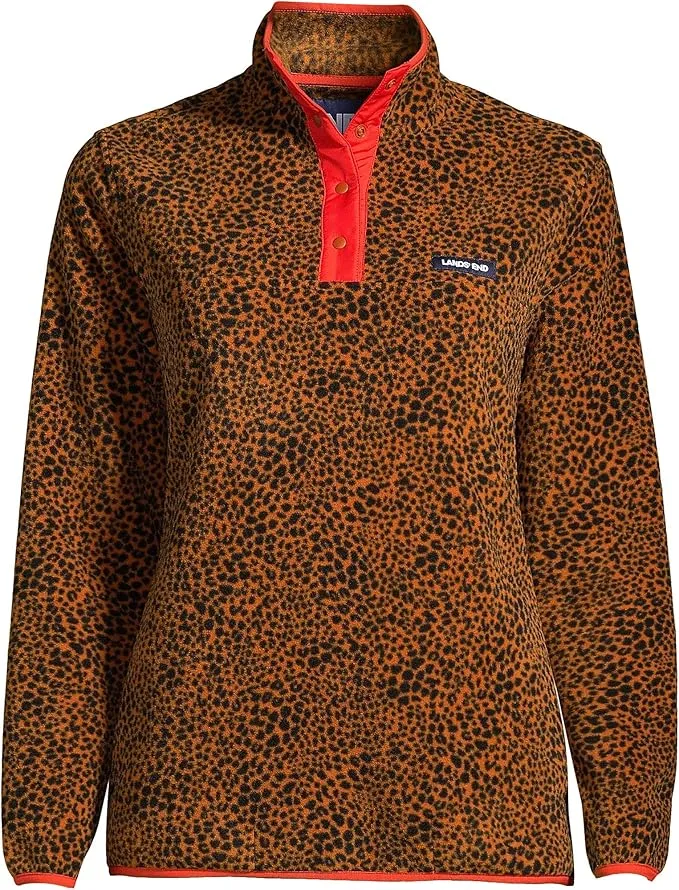 Lands' End Women's Snap Neck Heritage Fleece Pullover Leopard Print stud accents packable