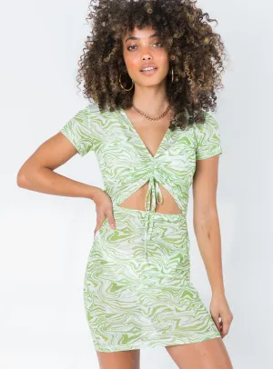 TWIIN Glitch Mesh Mini Dress Multi Green Belted-Style