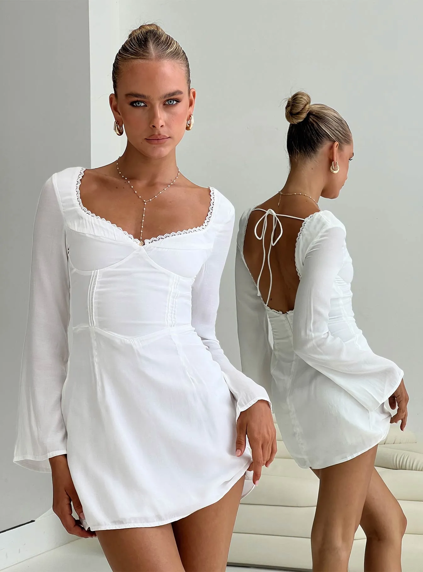 Empire Waist Lyna Long Sleeve Mini Dress White