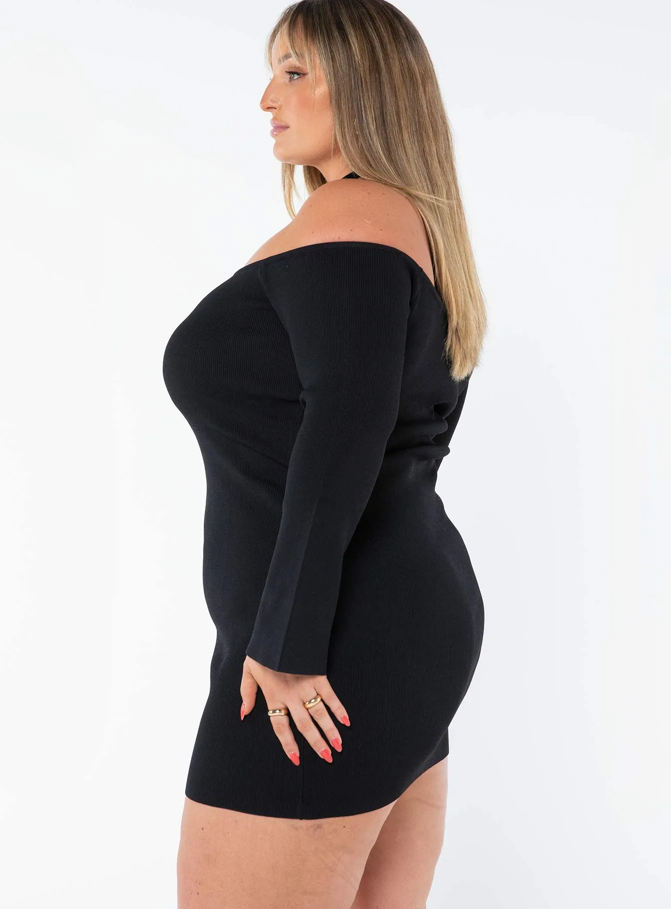 Metallic Finish Parisa Long Sleeve Mini Dress Black Curve