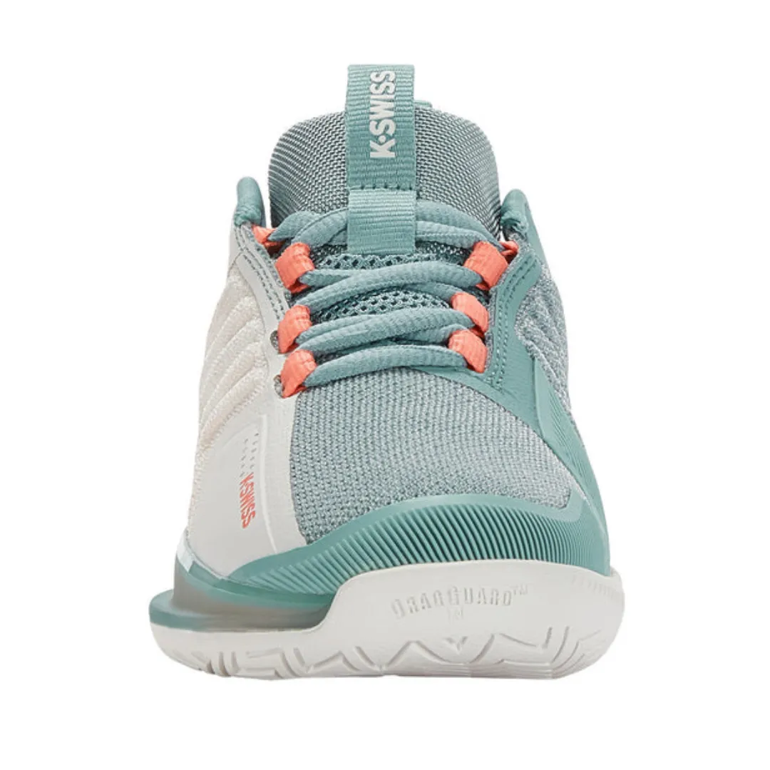 Stable Step Neutral Color K Swiss Ultrashot 3 Women Tennis Shoes  - Blanc de Blanc/Nile Blue/Desert Flower