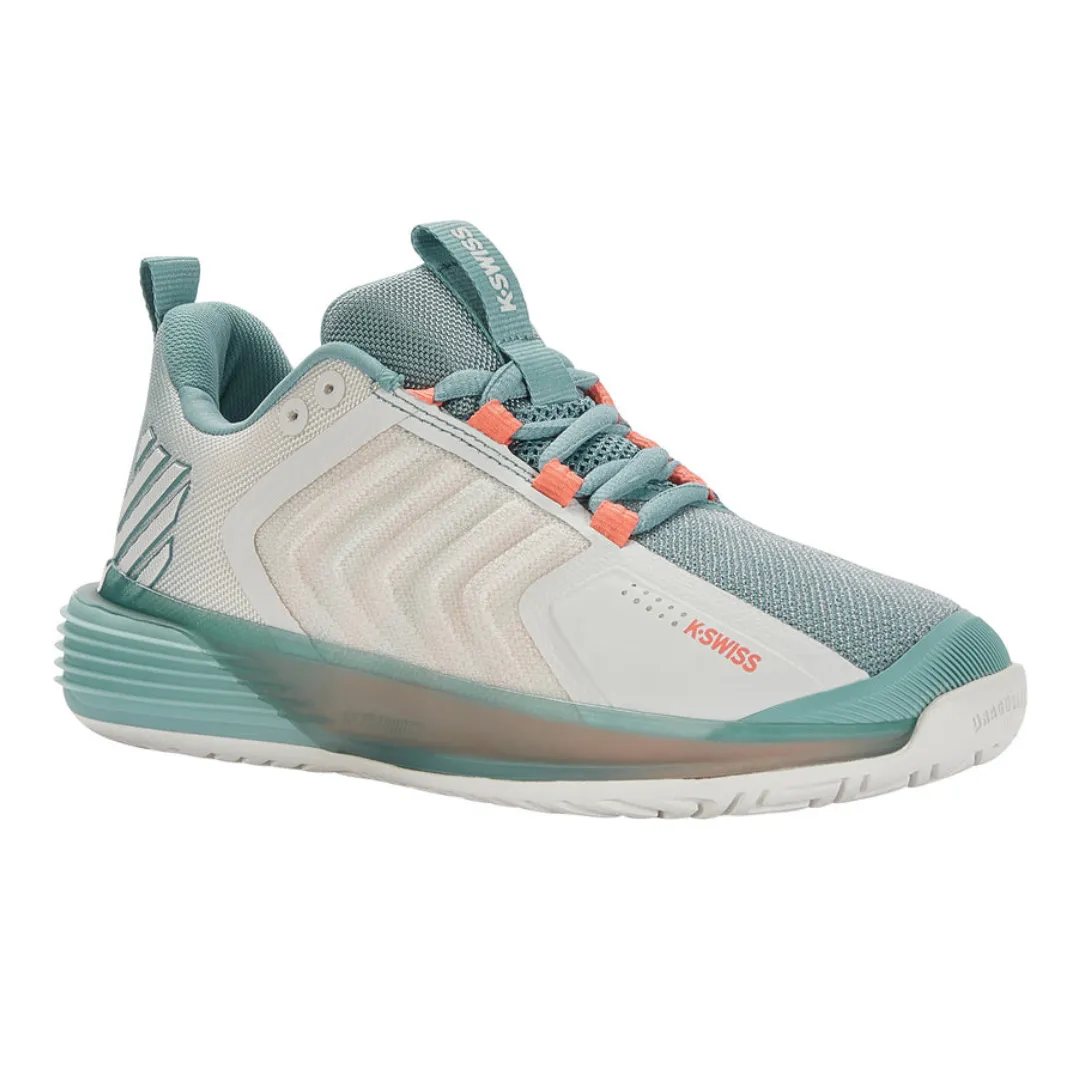 Hyperelastic Outsole Design Gusseted Tongue K Swiss Ultrashot 3 Women Tennis Shoes  - Blanc de Blanc/Nile Blue/Desert Flower