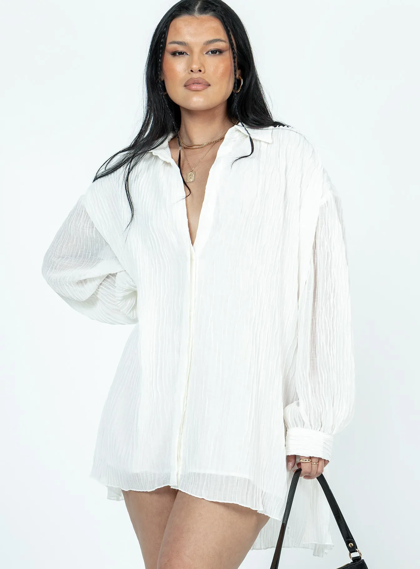 Elegant brunch outfit Dreamy Layers Tune In Shirt Dress White