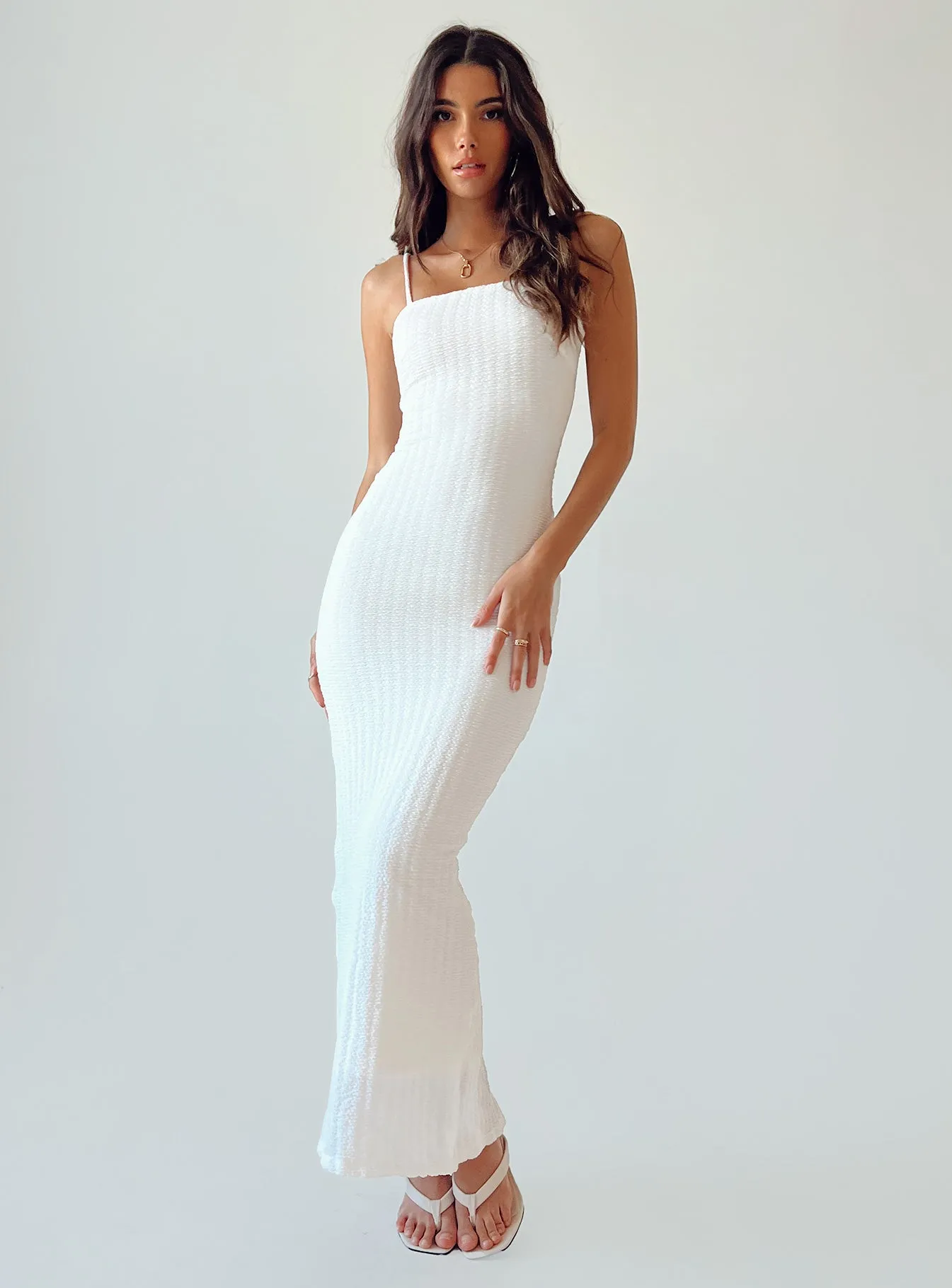 Refined Finish Shiny Zip Buella Maxi Dress White