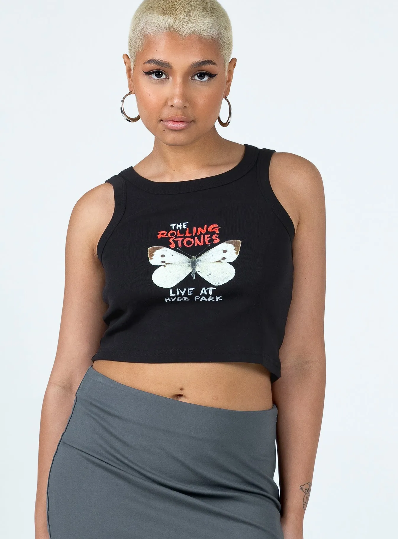 The Rolling Stones Butterly Cropped Tank Black Chic and Cozy Wear Timeless Fit