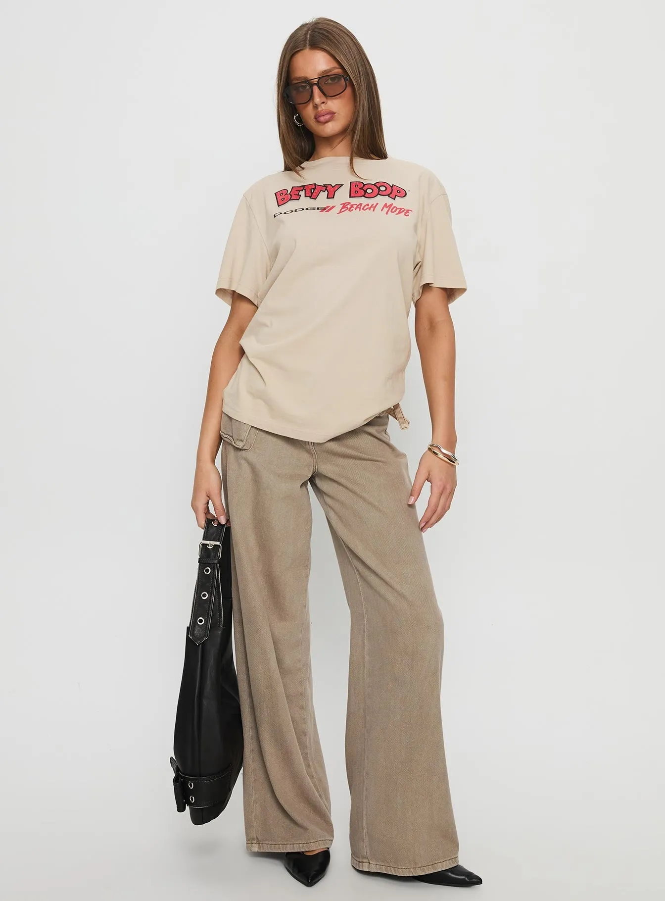 Durable Collar Construction Betty Boop Beach Mode Oversized Graphic Top Washed White