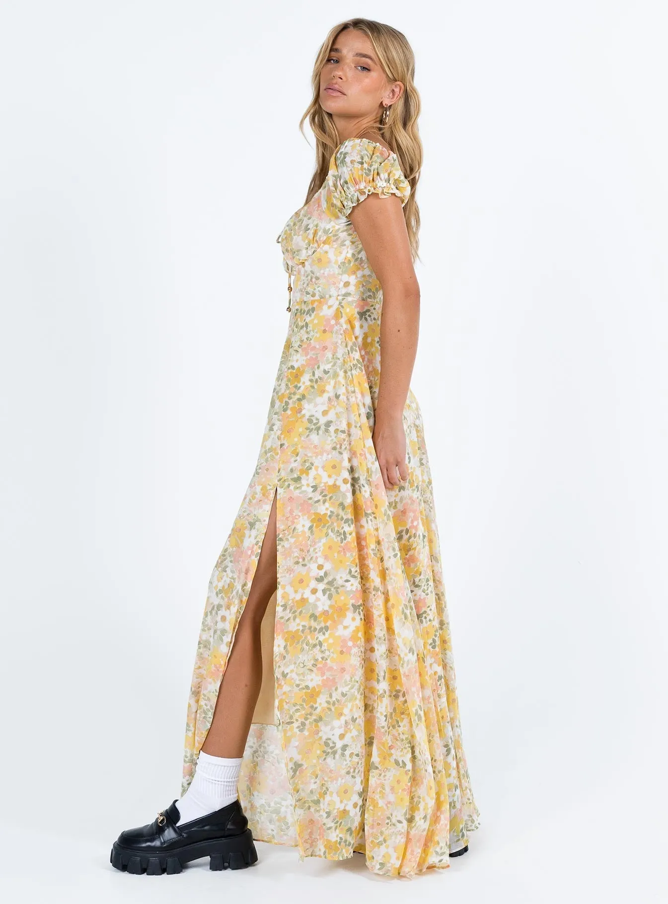 Masuda Maxi Dress Yellow Floral Petite Chic Elegant Layering