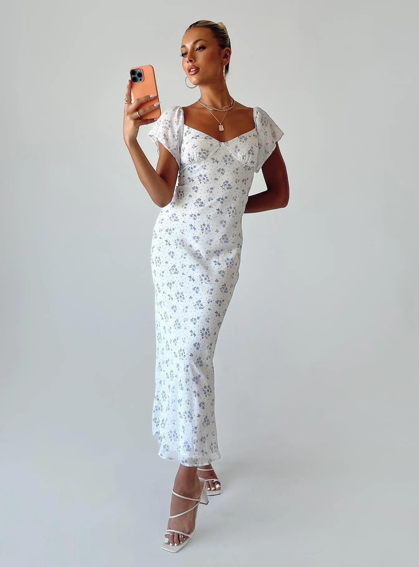 Glossy-Finish Hera Maxi Dress White Floral