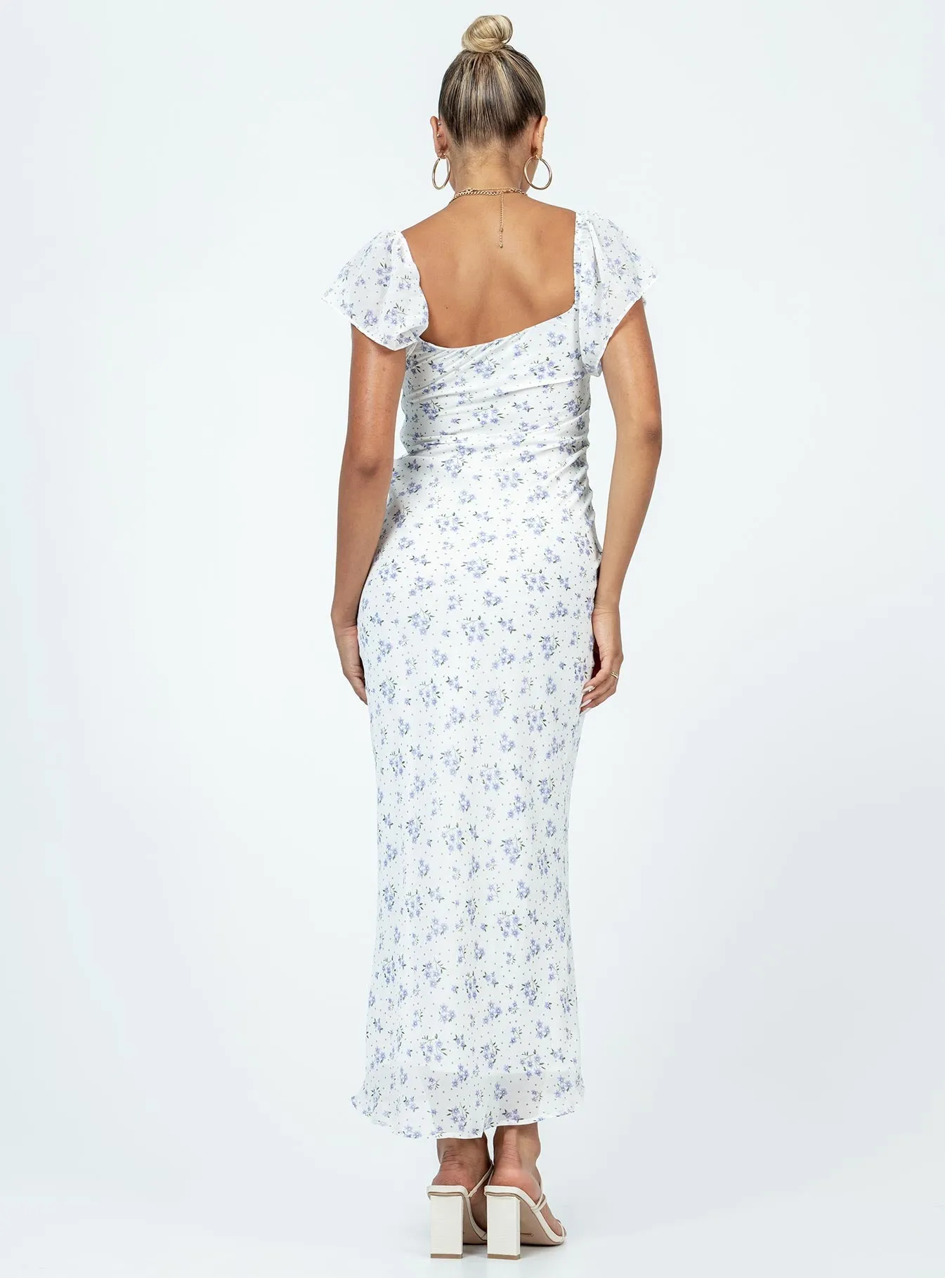 Floral-Pattern Gentle Aesthetic Hera Maxi Dress White Floral
