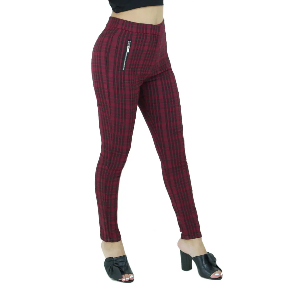 Freedom Fit Women's Plaid Stretchy Pant,Burgundy