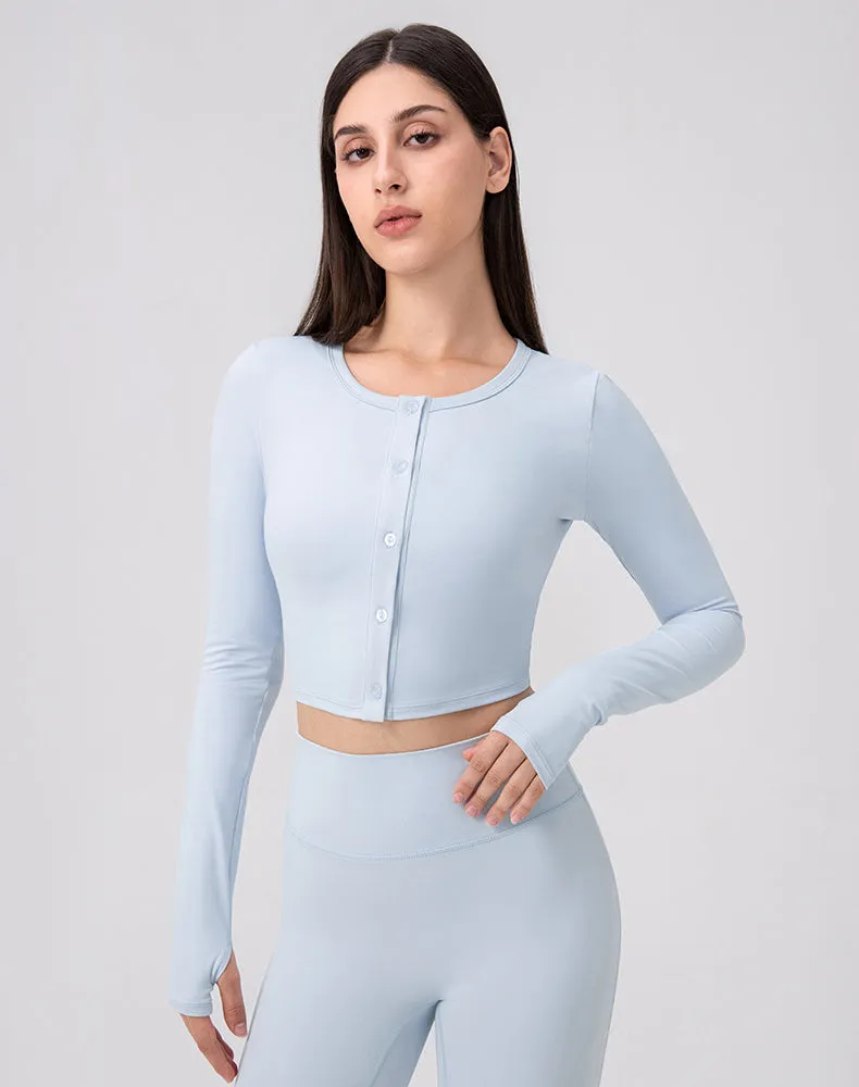 Long Sleeve Button Up Cropped Cardigan Crew Neck Tops Urban Pulse