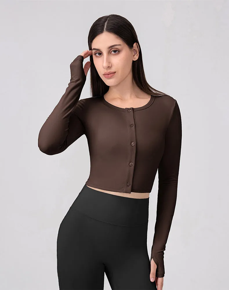 Practical Style StainResistant Fabric Long Sleeve Button Up Cropped Cardigan Crew Neck Tops