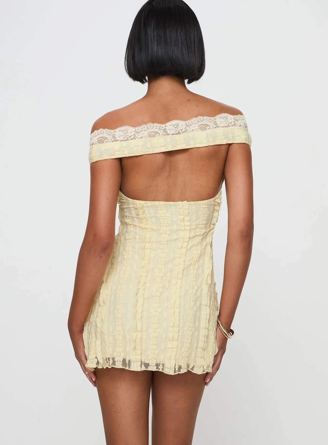 Bonnin Off The Shoulder Lace Mini Dress Yellow Relaxed work dress
