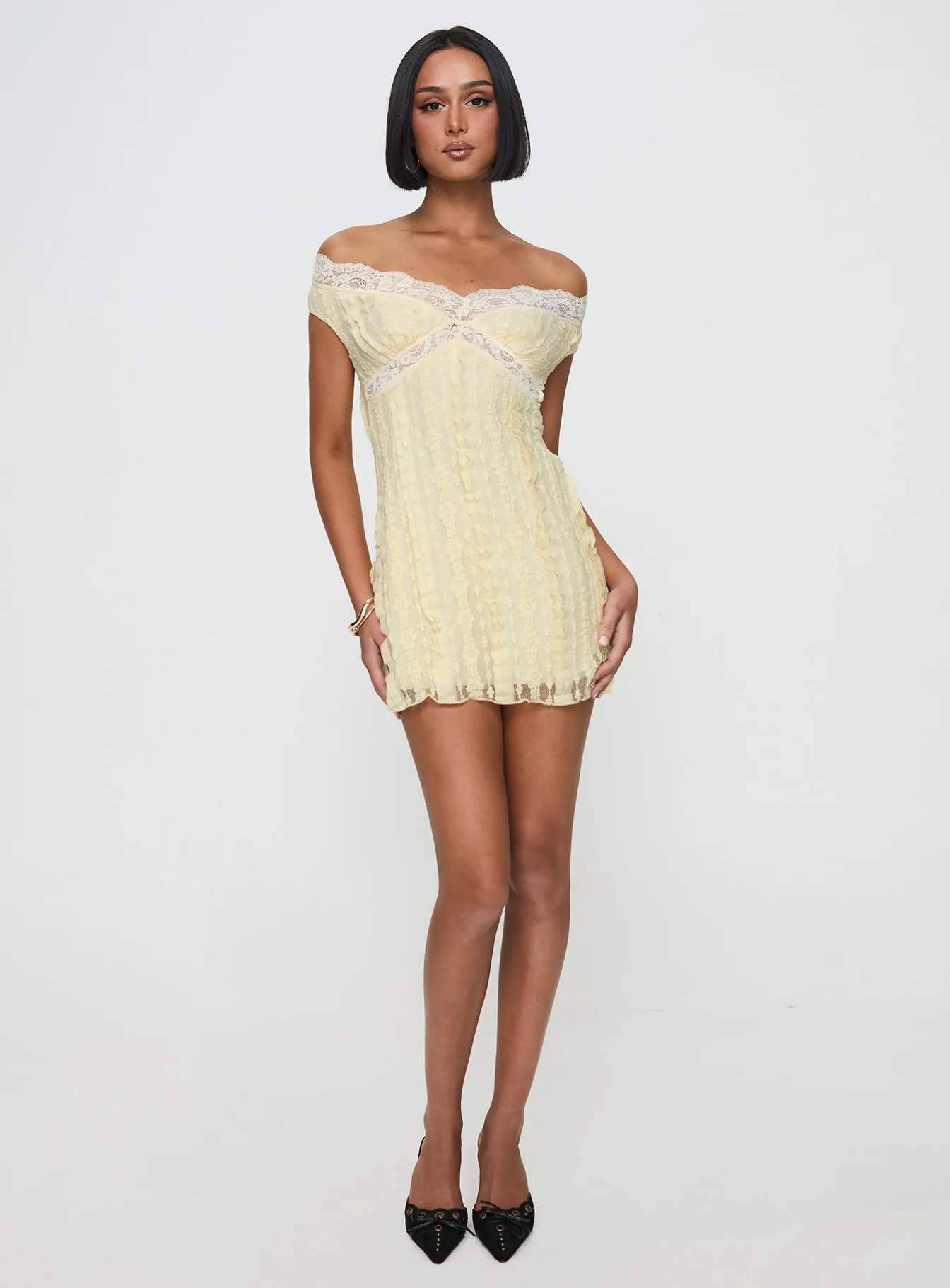 Bonnin Off The Shoulder Lace Mini Dress Yellow Morning Wear Urban Edge