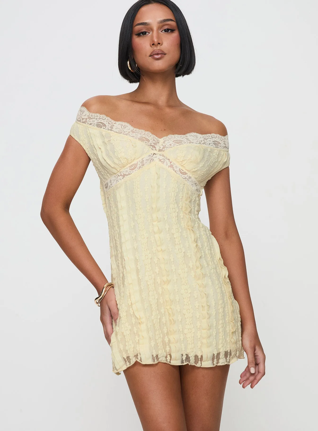 Bridal-Shower Bonnin Off The Shoulder Lace Mini Dress Yellow