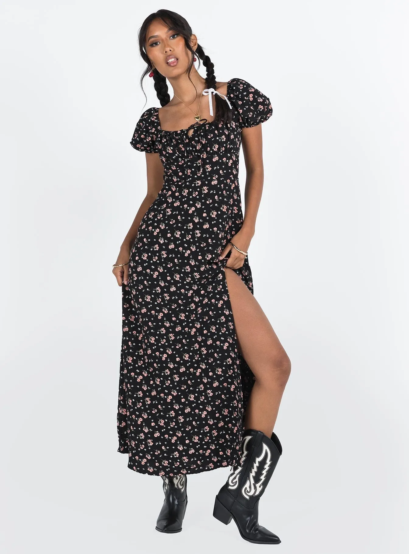 Hauser Maxi Dress Black Floral Muted Tones