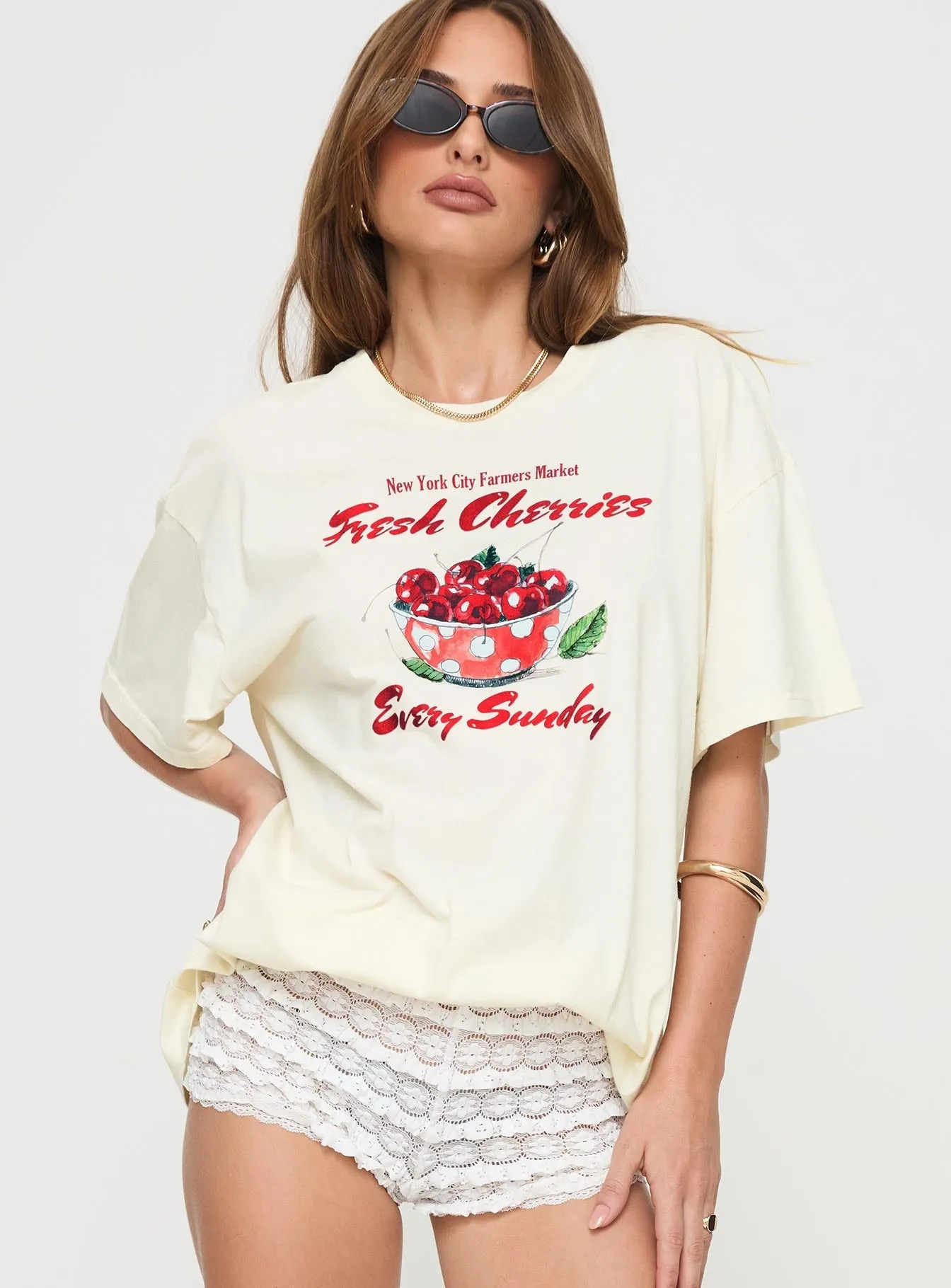 Fresh Cherries Oversized Tee Yellow Breathable Essentials Stylish Everyday Wear