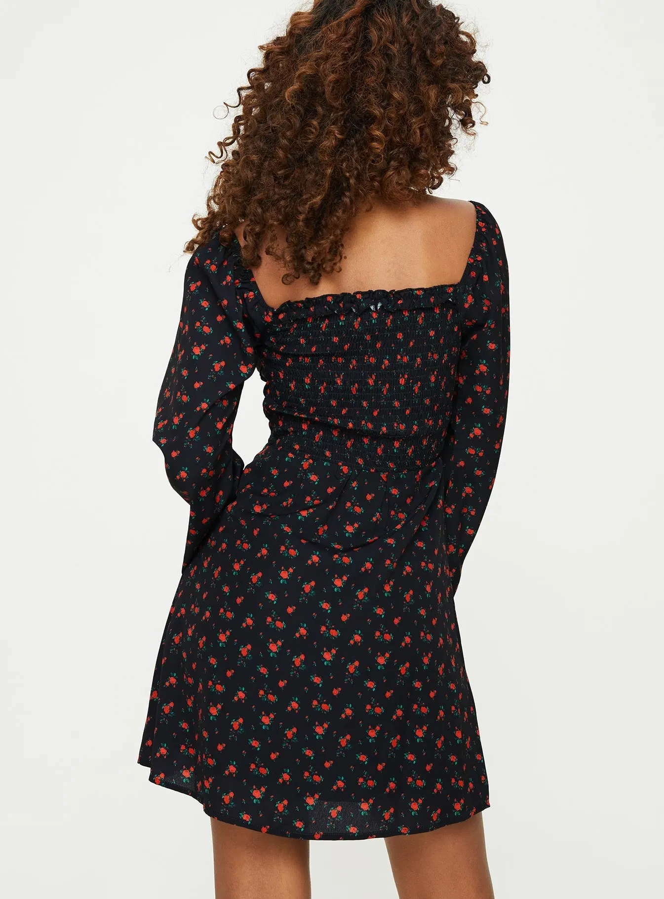 Grab Now Love Birds Long Sleeve Mini Dress Black / Red Floral
