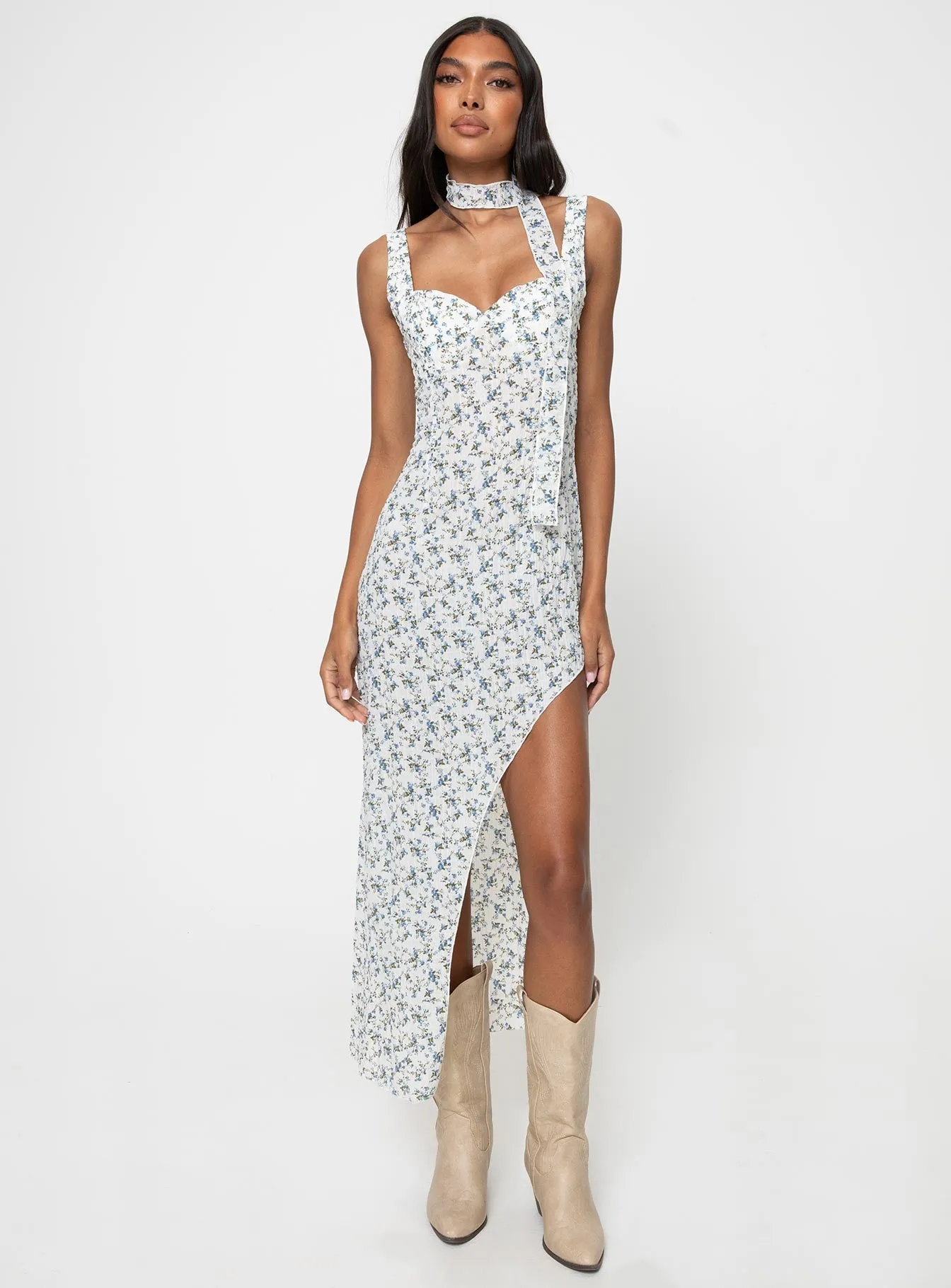 Silky Form Fairley Asymmetric Midi Dress White / Blue Floral