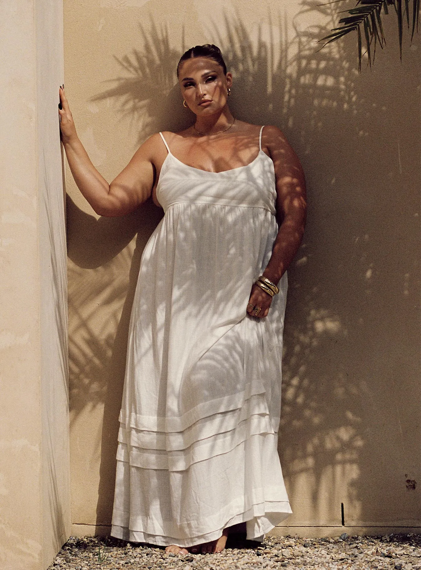 Milden Linen Blend Maxi Dress White Curve Cool Drape Sheer Overlay