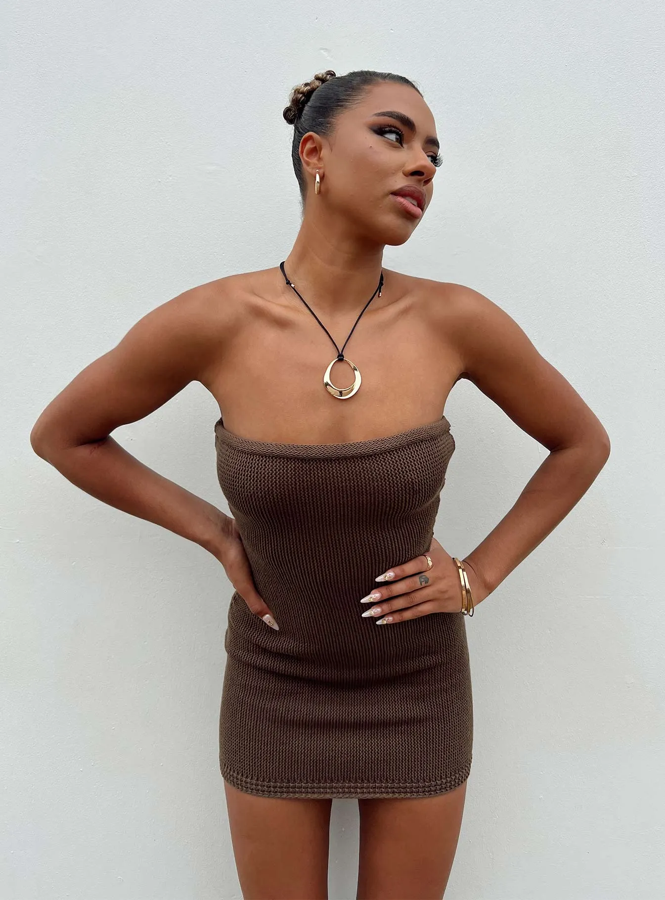 Flow Strapless Mini Dress Brown Quiet Sweet