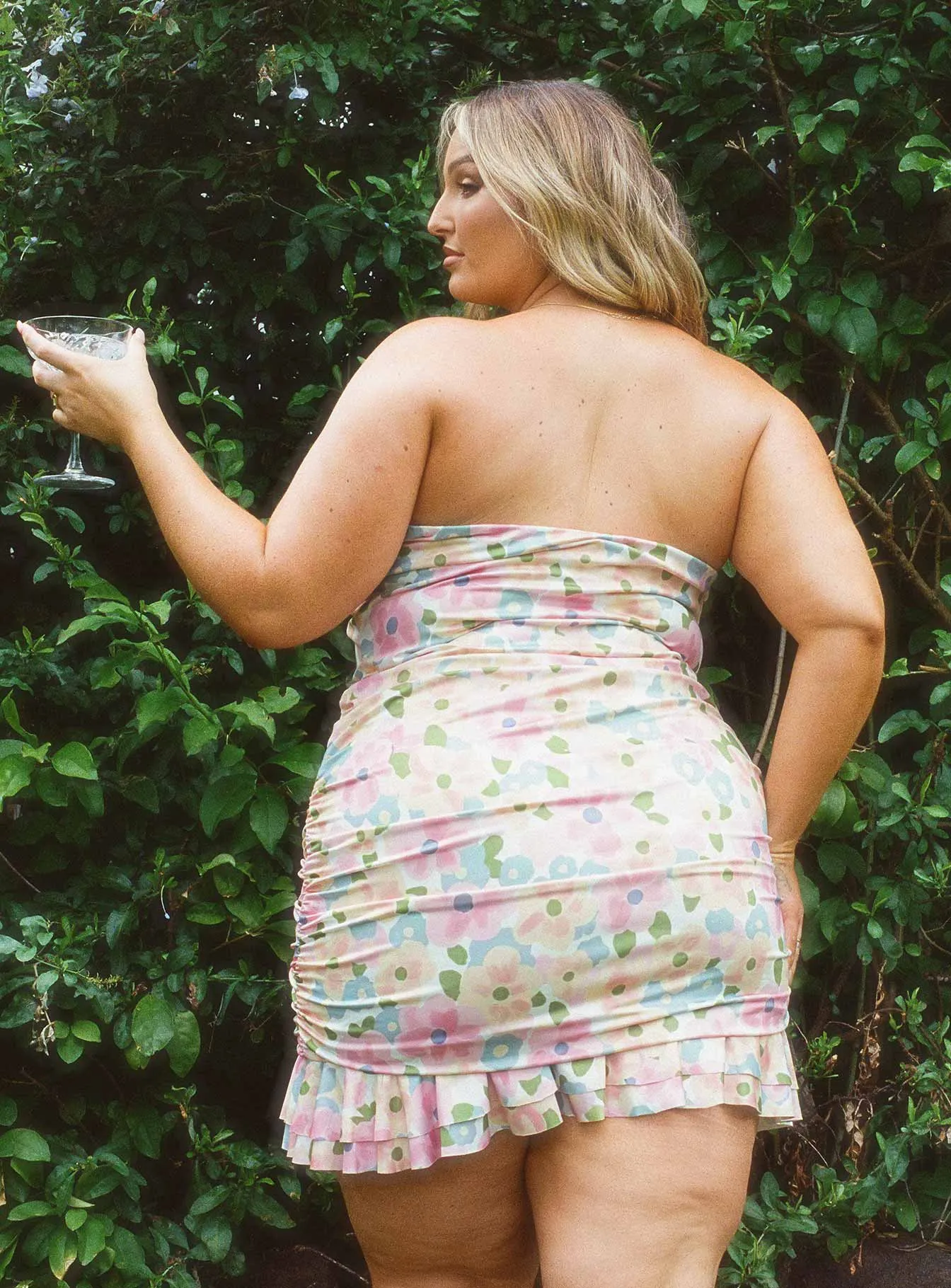 Adore You Strapless Ruffle Mini Dress Yellow Multi Curve Bloom Zone Sleek Feel