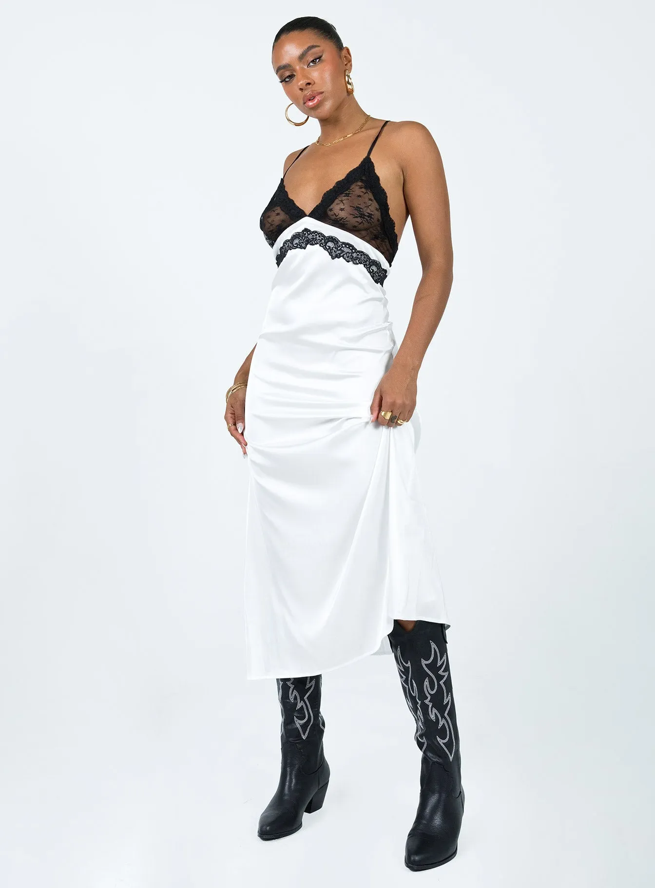 Office Casual Cozy Texture Le Paris Lace Midi Dress White