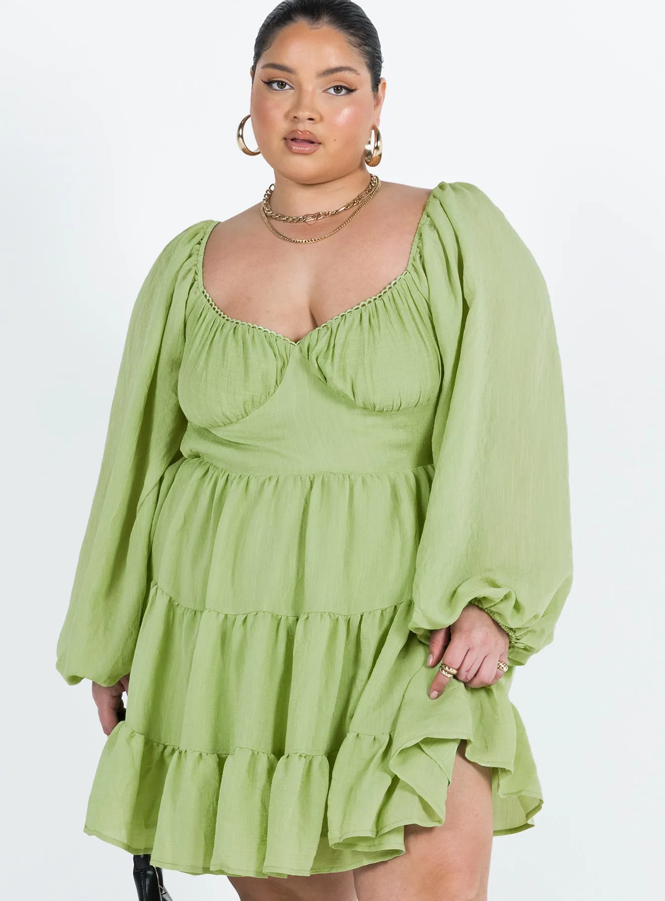 Danny Long Sleeve Mini Dress Green Curve Soft Draping